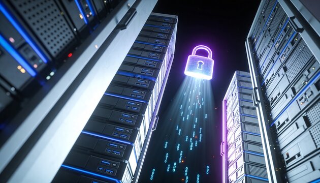 Minimalist 3D low-angle render of a towering server stack with a radiant padlock hovering at its peak emitting downward light beams, floating ascending data stream particles, dark dramatic futuristic 