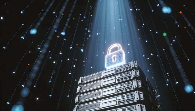 Radiant padlock hovering at the peak of a towering server stack emitting downward light beams, floating ascending data stream particles, minimalist clean 3D low-angle render, dark dramatic futuristic 