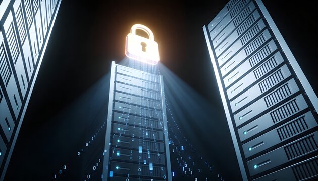 Minimalist 3D low-angle render of a towering server stack with a radiant padlock hovering at its peak emitting downward light beams, floating ascending data stream particles, dark dramatic futuristic 