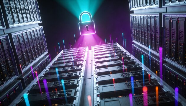 Minimalist 3D low-angle render of a towering server stack with a radiant padlock hovering at its peak emitting downward light beams, floating ascending data stream particles, dark dramatic futuristic 