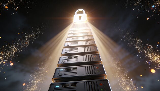 Minimalist 3D low-angle render of a towering server stack with a radiant padlock hovering at its peak emitting downward light beams, floating ascending data stream particles, dark dramatic futuristic 