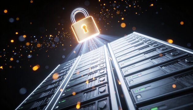 Minimalist 3D low-angle render of a towering server stack with a radiant padlock hovering at its peak emitting downward light beams, floating ascending data stream particles, dark dramatic futuristic 