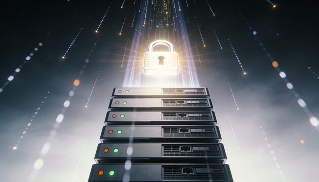Minimalist 3D low-angle render of a towering server stack with a radiant padlock hovering at its peak emitting downward light beams, floating ascending data stream particles, dark dramatic futuristic 