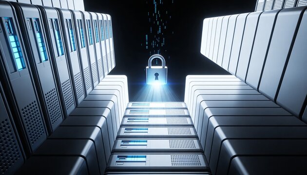 Minimalist 3D low-angle render of a towering server stack with a radiant padlock hovering at its peak emitting downward light beams, floating ascending data stream particles, dark dramatic futuristic 