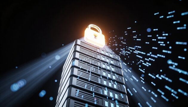 Minimalist 3D low-angle render of a towering server stack with a radiant padlock hovering at its peak emitting downward light beams, floating ascending data stream particles, dark dramatic futuristic 