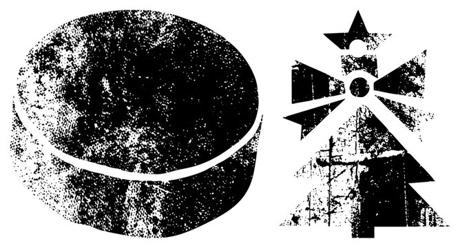 Distressed hockey puck (&ldquo;biscuit&rdquo;/&ldquo;disc&rdquo;) beside a jagged holiday tree (&ldquo;Yule spruce&rdquo;/&ldquo;festive fir&rdquo;), both with halftone textures and rough edges for vintage punk style. Great for urban apparel, str
