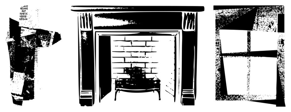 Black and white cozy hearth scene with halftone texture, clean silhouette ideal for rustic/holiday print or digital branding. Features traditional firebox, often called &ldquo;cozy corner&rdquo; or &ldquo;warm spot.&rdquo;