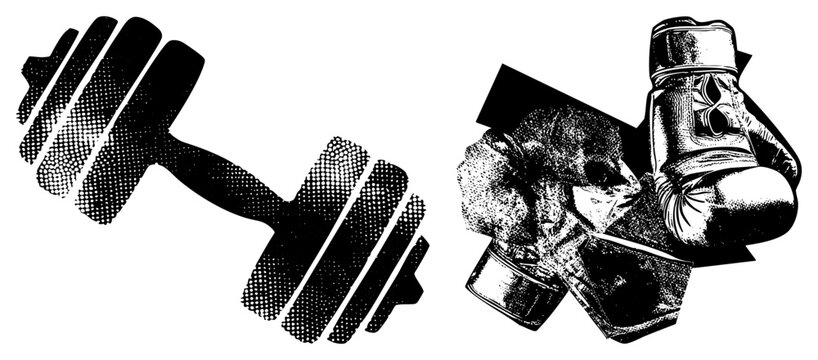 Classic weightlifting iron paired with fight gear, known as iron or steel in street slang, alongside boxing mitts called gloves or knucks. Perfect for retro fitness logos or gritty gym posters.