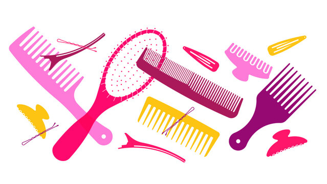 Vivid hair accessories collection - hairbrush, comb and hair clip set. Pink and red colours. Beauty salon and hairstyling tools illustration. Simplicity vector illustration