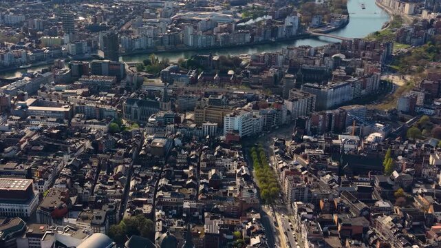 A panoramic Aerial view of the city Liege in Belgium, on a sunny spring morning