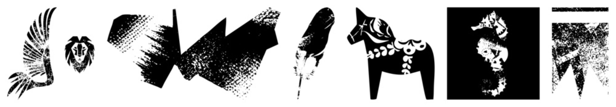 Bold silhouettes of lion, bird, horse in gritty halftone/stencil styles. Edgy &ldquo;ink &rdquo; or &ldquo;grit critter&rdquo; graphics ideal for urban branding or tattoo flash.