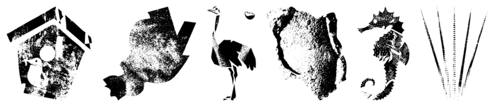 Rugged halftone cutouts birdhouse, ostrich, seahorse, palm fronds with weathered textures & skid lid shapes. Ideal for surf shack or beach bar branding. &ldquo;&rdquo; meets coastal grit.