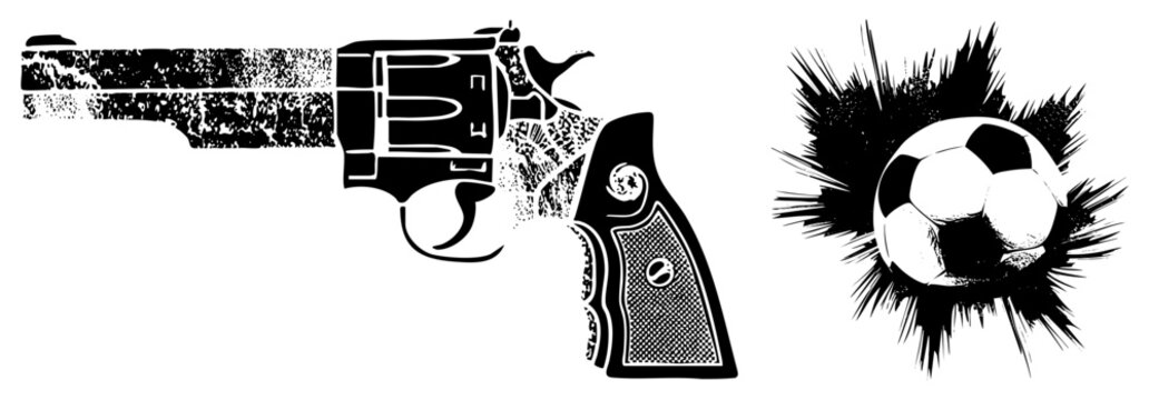 Gritty six shooter aka wheelgun or peacemaker paired with a football through ink splatters. Bold graphics for edgy branding or streetwear. Stark black and white contrast evo