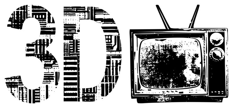 Retro tube TV flickers with static, vintage box set & rabbit ears. &ldquo;3D&rdquo; text has gritty halftone texture screen printed poster or punk zine style.