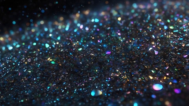 A mesmerizing macro photograph reveals a multitude of shimmering iridescent particles against a dark, textured background, evoking a sense of cosmic wonder.