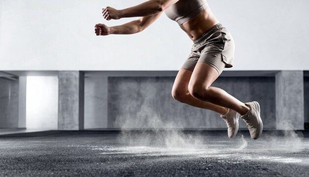 Muscular Woman Explosive Burpee Jump Chalk Dust Hyrox Training, new sports trend