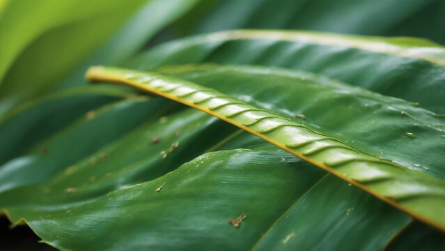 Close-up of vibrant green tropical plant leaves with intricate patterns