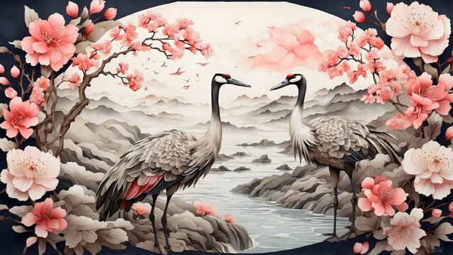 A pair of elegant cranes stand by a flowing river amidst a serene landscape, framed by delicate cherry blossoms in full bloom