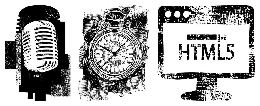 Retro mic, vintage watch, HTML5 browser grainy halftone, punk stencil. Gritty fuse old tech digital rebellion. &ldquo;Mic check&rdquo; meets &ldquo;code crunch&rdquo; in bold set.