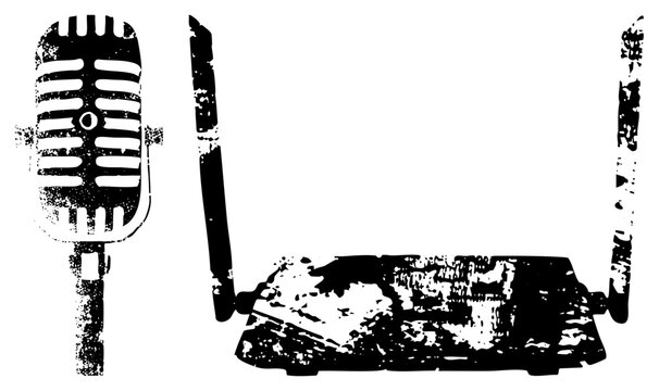 Classic broadcast mic & retro radio receiver with gritty halftone finish &ldquo;old school vox box&rdquo; vibes. Distressed look garage punk studio feel. Ideal for indie podcast branding or vinyl themed merch