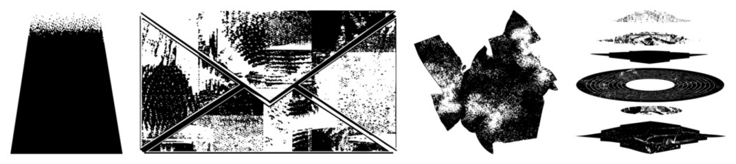 Obraz premium Gritty, pixel crushed forms evoke urban decay “grit bits,” “ink splatter ghosts” in negative space. Halftone noise and shattered geometry deliver raw, DIY zine energy ideal for edgy branding or st
