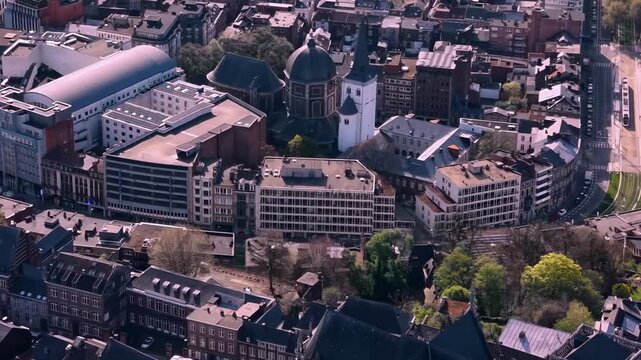 A panoramic Aerial view of the city Liege in Belgium, on a sunny spring morning