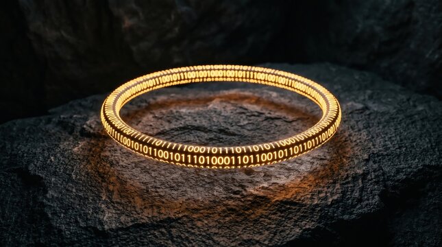 Golden binary code bracelet on dark stone symbolizing digital wealth and technology