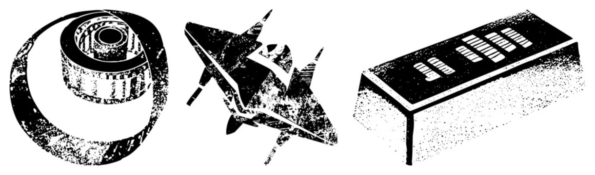 Three gritty halftone vector gear, jet, keyboard aka &ldquo;grit bits&rdquo; or &ldquo;stencil tech.&rdquo; Textured cutouts ideal for edgy industrial branding on posters or apparel.