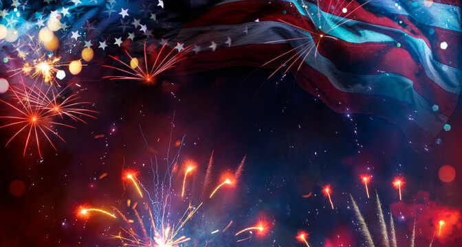 Usa Celebration - Independence Day - American Flag With Bright Sparkler And Festive Lights - Abstract Fireworks In Sky At Night - Fourth Of July