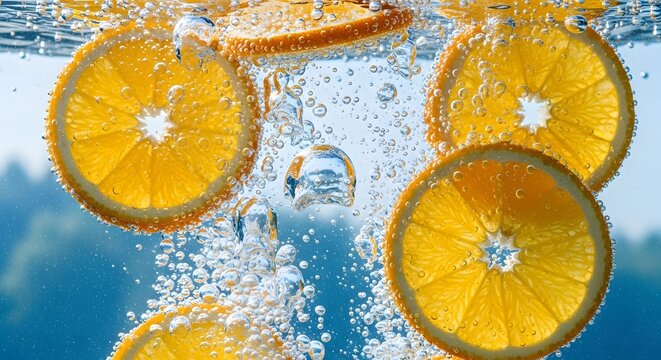 Sliced oranges in water with bubbles