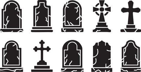 Obraz premium Dark tombstone set for happy halloween holiday on white background with shadow. Different old gravestone with crack cemetery collection. Vector flat cartoon style illustration. Graphic design element.