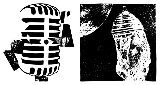 Retro mic with grungy texture, chrysalis hanging in shadow think &ldquo;vox box&rdquo; or &ldquo;bug cocoon&rdquo; for podcast vibes. Rough halftone dots give it raw punk energy, perfect for indie branding or zine art.