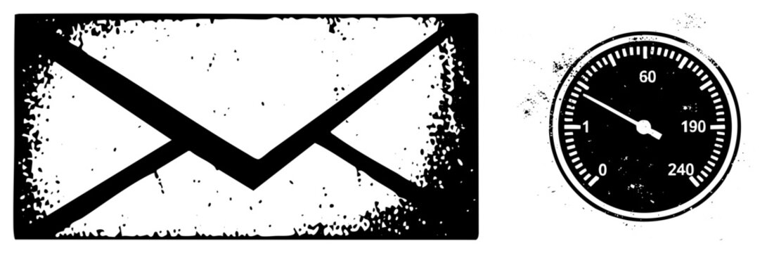 Rugged mail & analog gauge in gritty halftone snail mail/inbox with speedo/tachometer vibes. Vintage decay aesthetic, ideal for edgy, rebellious branding.