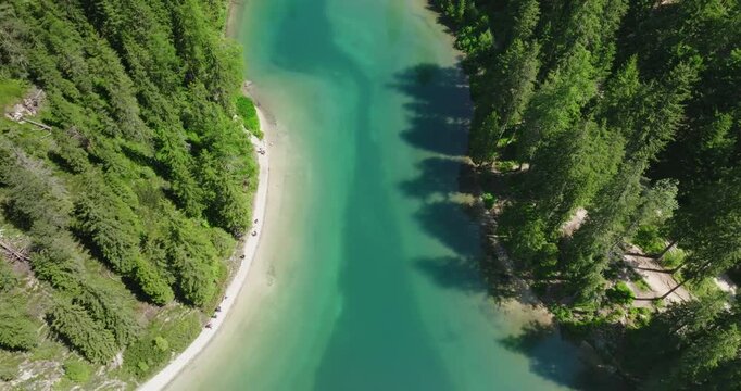 Aerial of Lake Braies and the path that runs alongside it, Dolomites, Italy