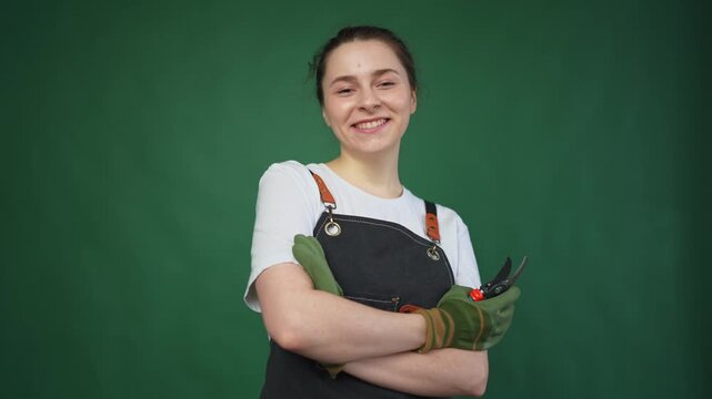 Running of own business. Woman florist gardener farm worker with pruner wearing apron isolated on green background. Happy small business owner working at flower plants shop smiling. Small business