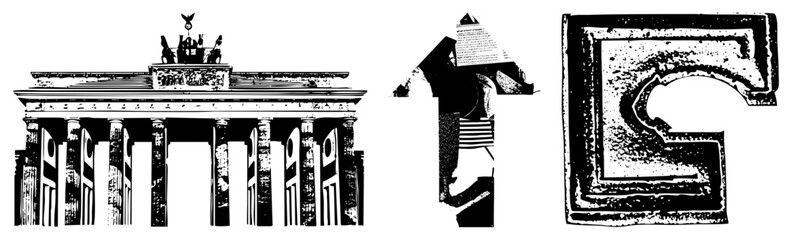 Obraz premium Berlin’s Brandenburger Tor (aka B Tor) in gritty halftone, paired with abstract ruins and a distressed G evoking urban decay & history. Cutout vector ideal for streetwear or memorial branding.