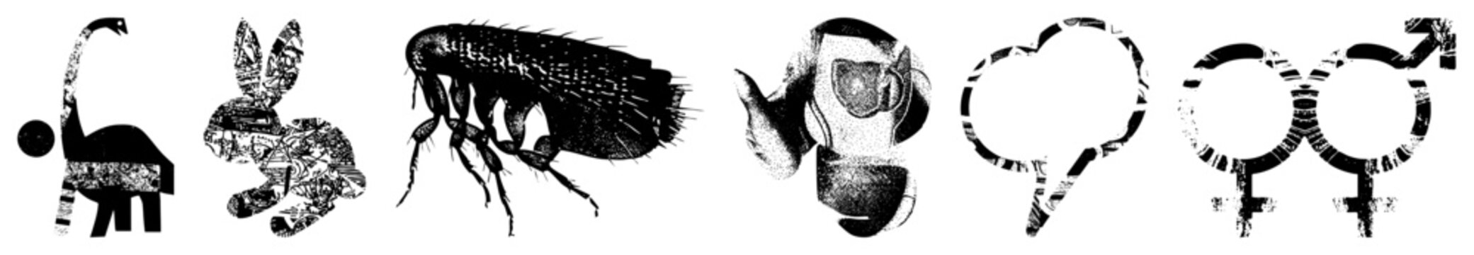 Edgy vector glyphs blend animals (like &ldquo;bugger&rdquo;/&ldquo;flea dude&rdquo;) and stylized gender, with halftone texture for gritty, zine/punk vibes. Dense evokes scribble art comic shading ideal fo
