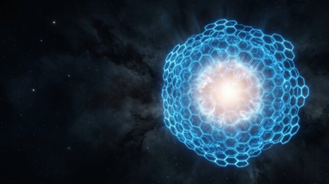 Glowing blue hexagonal shield with honeycomb pattern against a dark cosmic background with stars