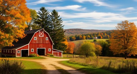 Obraz premium Red barn house in a rural autumn landscape with trees and grass