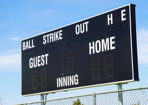 Baseball and softball sports scoreboard at park