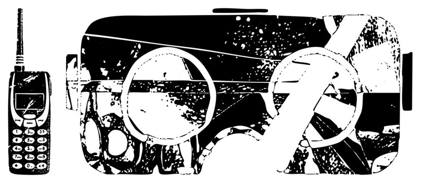 Retro flip phone mechanical gear fragments in gritty stencil style &ldquo;brick&rdquo; or &ldquo;candy bar&rdquo; handset. Halftone splatter adds raw texture. Ideal for edgy branding or vintage posters.