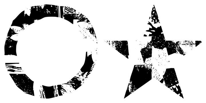 Rugged star & broken ring graphic &ldquo;punk badge&rdquo; or &ldquo;street stencil&rdquo; made with halftone splatters, torn edges. Ideal for edgy branding, protest art, zines where raw impact polish.