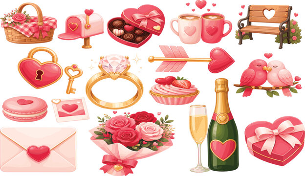 Valentine's day romantic elements collection with valentine champagne romantic celebration anniversary sweetheart affection together relationship intimacy devotion dedication celebrate