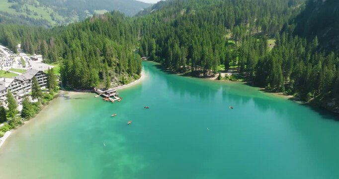 Aerial view of Lago Di Braies, Dolomites, Italy
