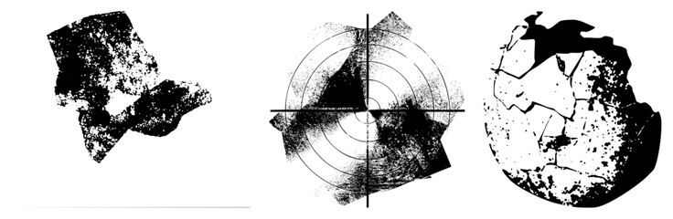Obraz premium Three gritty halftone vector forms cracked orb, pixel, radial target dubbed “ink blot” or “smash glyph” ideal for edgy branding or stickers.