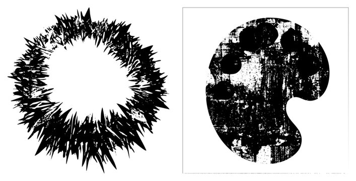 Raw, spiky ring (aka &ldquo; &rdquo; or &ldquo; wreath&rdquo;) gritty paint palette (&ldquo;grunge &rdquo;/&ldquo;ink blotter&rdquo;). High contrast, hand drawn rebellion against clean vectors.