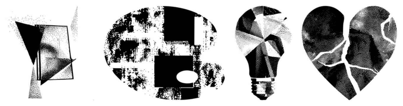 Fragmented symbols cracked heart, broken bulb, pixelated face, splintered triangle in gritty halftone. Locals call them &ldquo;smash art &rdquo; or &ldquo;glitch glyphs.&rdquo; Ideal for edgy branding/posters blending r