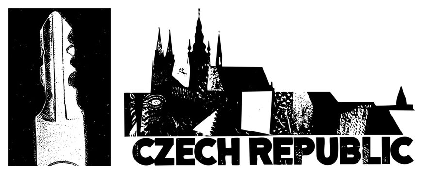 Grungy vector of Czechia with towers, spires, folk halftones. Locals say &ldquo;Česko&rdquo; or &ldquo;Bohemia.&rdquo; Bold black shapes, gritty textures perfect for travel merch & cultural branding.