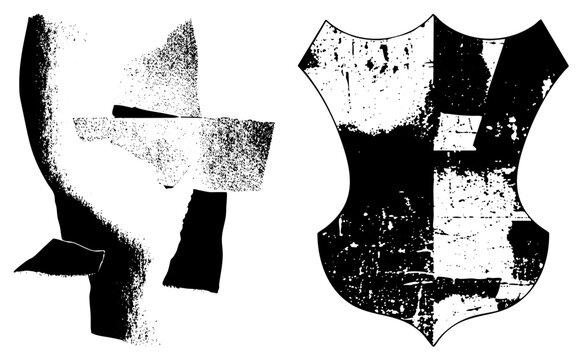 Rugged shield designs battle badges or war with halftone and splattered textures. Worn, gritty look suits streetwear logos or punk merch, evoking &ldquo;grit badge&rdquo; or &ldquo;scrap emblem&rdquo; in vint