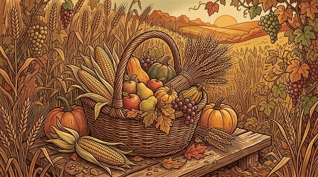 Basket with autumn harvest on wood table in wheat field against sunset. Retro illustration of agriculture and farming. Symbol of thanksgiving and seasonal crop bounty for rustic design.